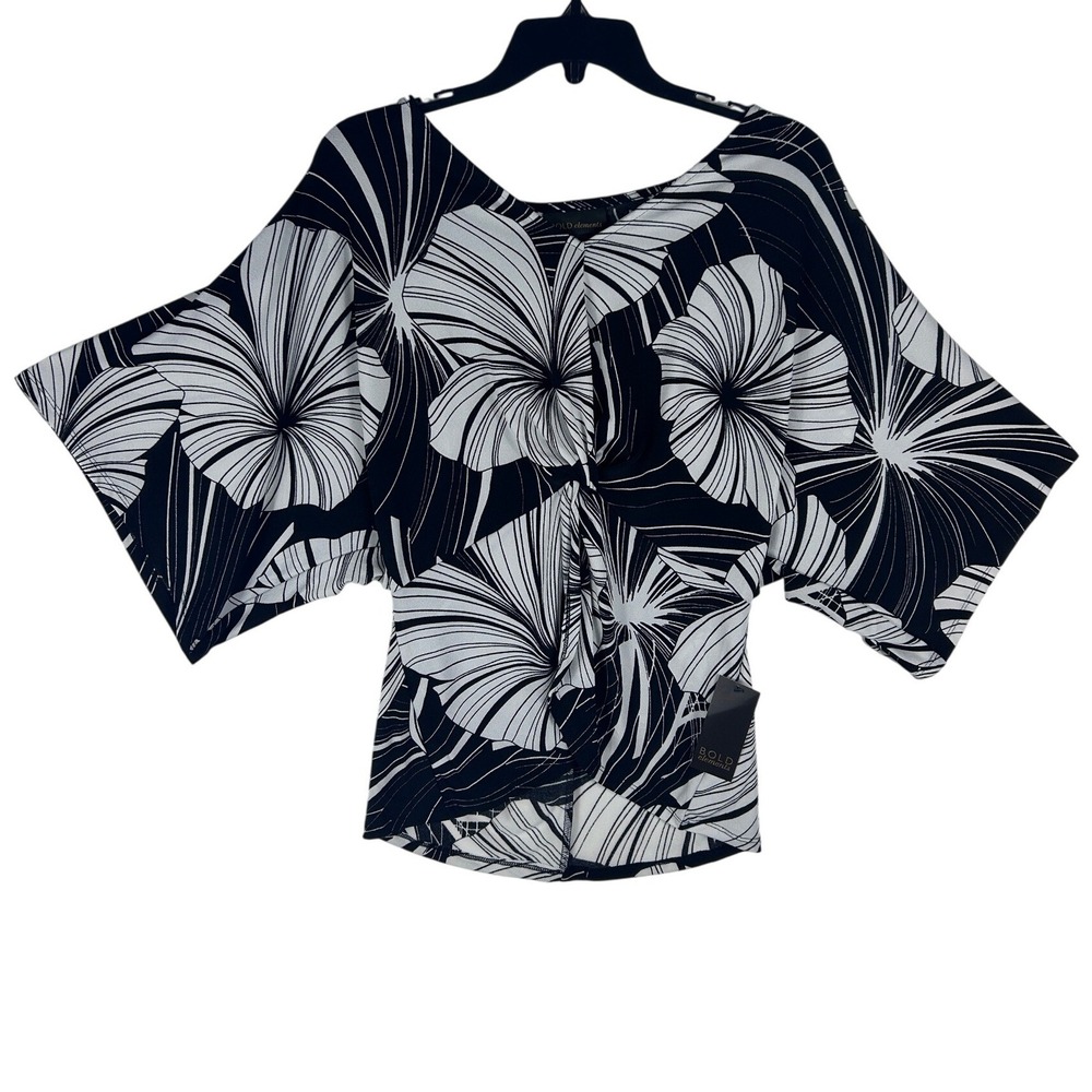 Bold Elements Womens Small Black White Floral Kimono Sleeve Knot Front Top NWT